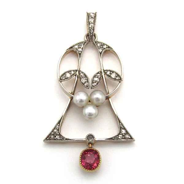 Art Nouveau 18K gold ruby diamond and pearl pendant c.1907.webp