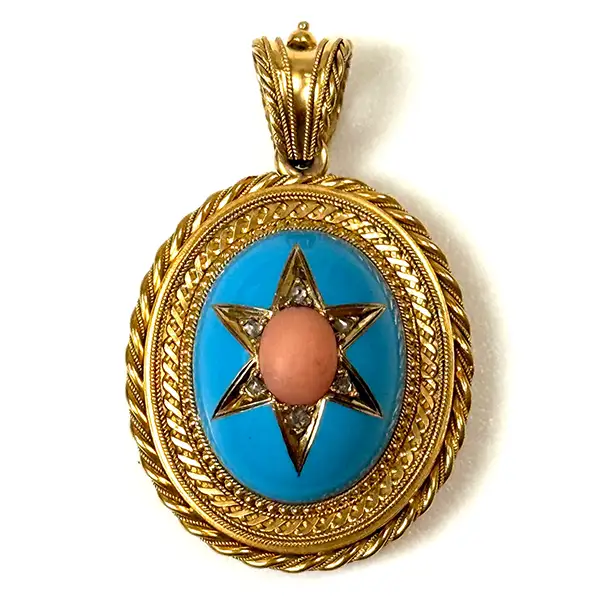 BANCROFT ANTIQUES - Antique 22ct Yellow Gold Enamel, Coral and Diamond Locket Pendant