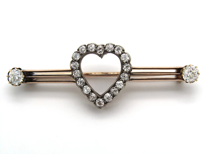 Victorian 14K gold diamond heart' brooch c.1880