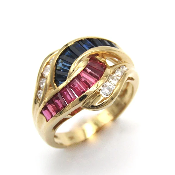 Vintage 18K gold ruby sapphire and diamond bypass ring c.1980s
